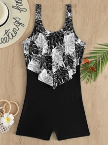 SHEIN Swim 夏季海滩热带印花手帕下摆连体泳衣 - 彩色 - 查看 3