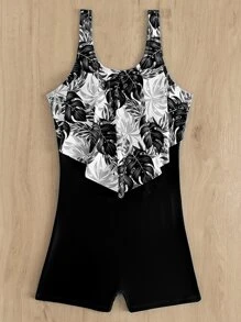 SHEIN Swim 夏季海滩热带印花手帕下摆连体泳衣 - 彩色 - 查看 5