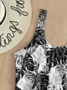 SHEIN Swim 夏季海滩热带印花手帕下摆连体泳衣 - 彩色 - 查看 6