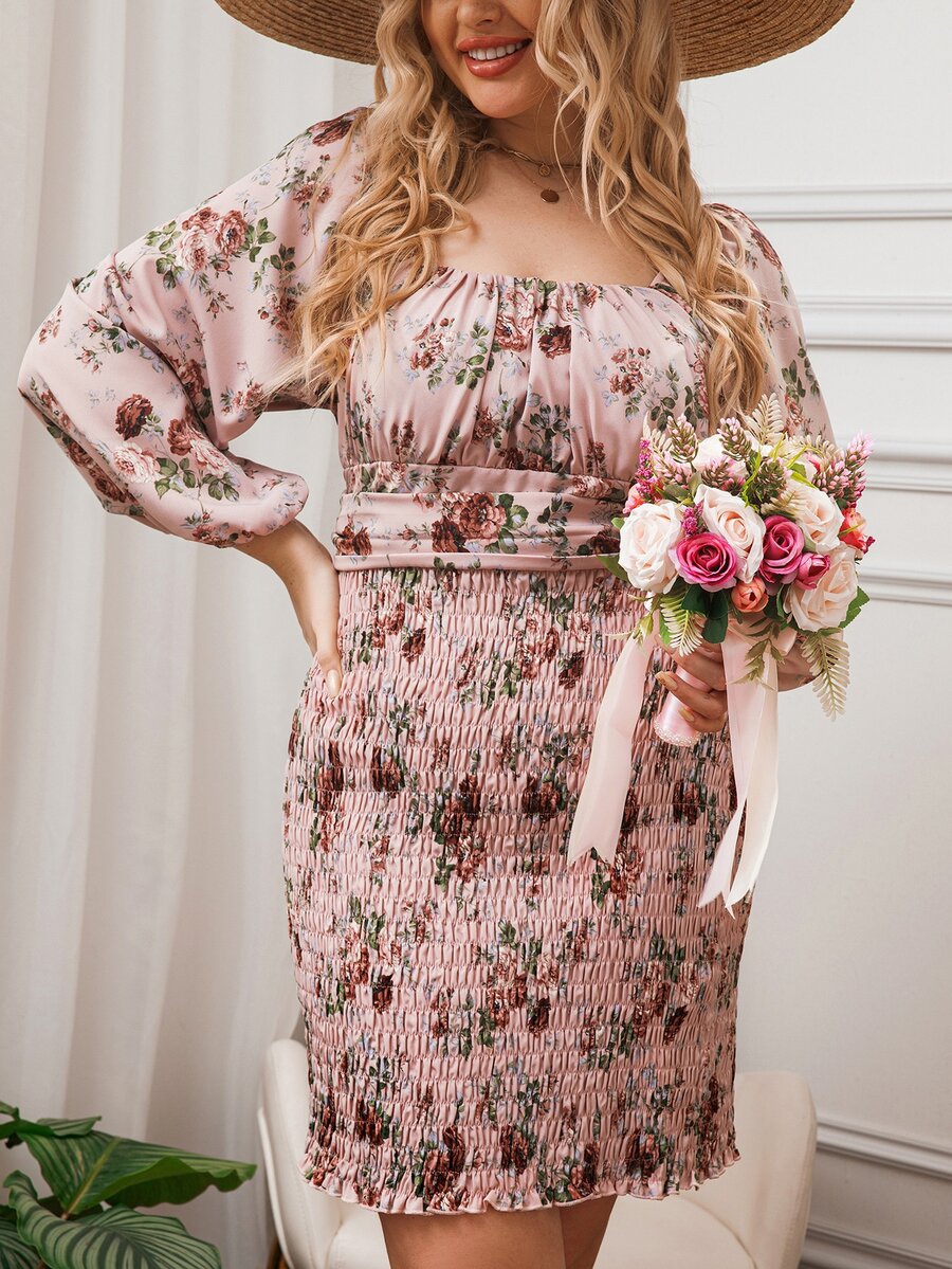 Mulvari Đầm Plus Size Buộc lại Dải chun Nếp gấp Phần Ngực Hoa Tất cả trên in Boho - Bụi hồng - Xem 1