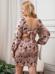Mulvari Đầm Plus Size Buộc lại Dải chun Nếp gấp Phần Ngực Hoa Tất cả trên in Boho - Bụi hồng - Xem 2