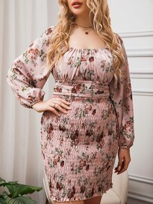 Mulvari Đầm Plus Size Buộc lại Dải chun Nếp gấp Phần Ngực Hoa Tất cả trên in Boho - Bụi hồng - Xem 4