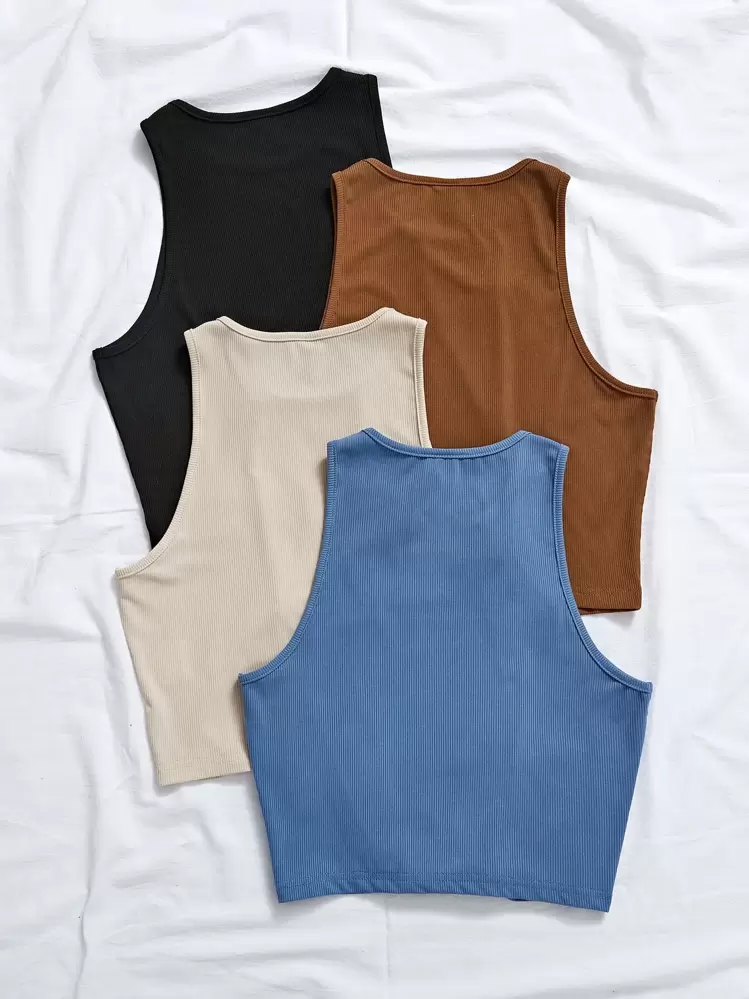 SHEIN Franclia 4入組螺紋針織素色背心上衣 - 彩色 - 查看 2