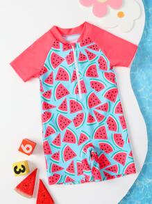 Toddler Girls Watermelon Print Zip Front One Piece Swimsuit - Multicolor - View 1
