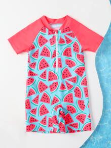 Toddler Girls Watermelon Print Zip Front One Piece Swimsuit - Multicolor - View 4