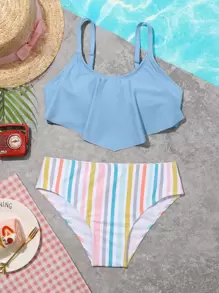 青少年女孩条纹手帕下摆比基尼套装夏季海滩 - 彩色 - 查看 1