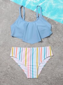 青少年女孩条纹手帕下摆比基尼套装夏季海滩 - 彩色 - 查看 5