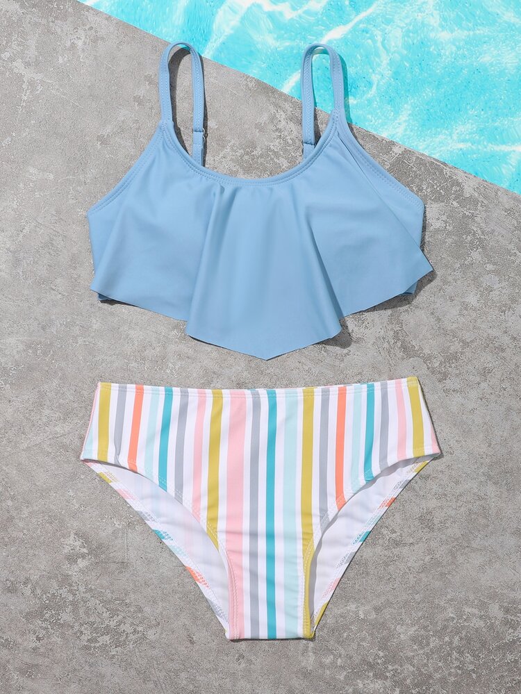 Tween Girl Striped Hanky Hem Bikini Set Summer Beach
