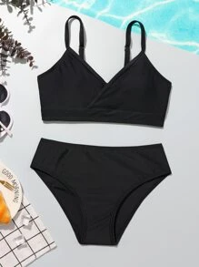 Tween Girl Solid Surplice Neck Bikini Set Summer Beach - Black - View 1
