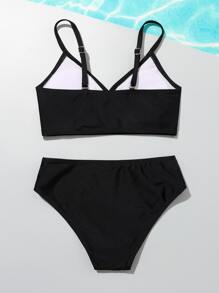 Tween Girl Solid Surplice Neck Bikini Set Summer Beach - Black - View 2