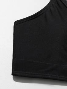 Tween Girl Solid Surplice Neck Bikini Set Summer Beach - Black - View 3