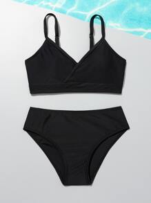 Tween Girl Solid Surplice Neck Bikini Set Summer Beach - Black - View 5