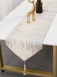 1pc Grey Meteor Shower Striped Pattern Tablecloth, Polyester High-Density Jacquard Weaving, Tassel Fringe, Suitable For Home Kitchen, Dining Room, Hotel, Bar, Coffee Shop, Outdoor Garden, Holiday Party Decoration