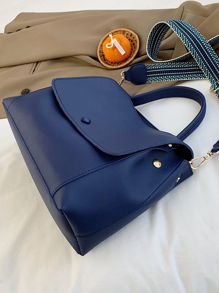 Fashionable And Minimalist Solid Color Flap-over Shoulder Bag With Wide Strap And Large Capacity For Commuter - Royal Blue - View 5
