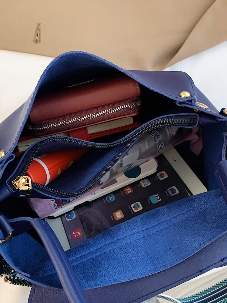 Fashionable And Minimalist Solid Color Flap-over Shoulder Bag With Wide Strap And Large Capacity For Commuter - Royal Blue - View 6