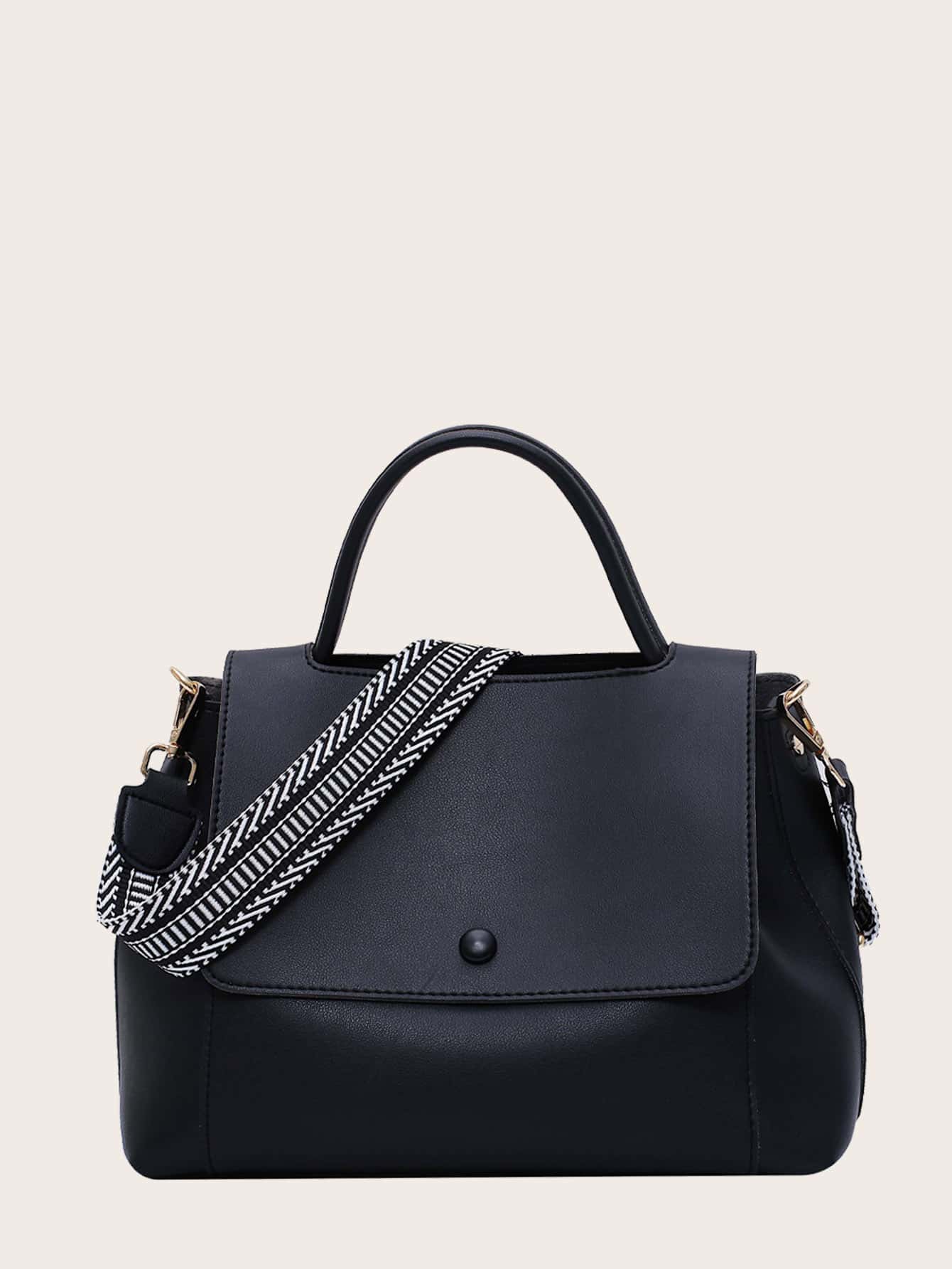 Old Moeny, Fashionable Simple Solid Color Commuting Shoulder Bag With Wide Strap And Large Capacity Flip Cover - Black - View 1