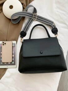 Old Moeny, Fashionable Simple Solid Color Commuting Shoulder Bag With Wide Strap And Large Capacity Flip Cover - Black - View 6