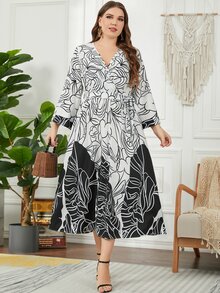大碼植物印花交叉領喇叭袖繫腰帶連衣裙 - 黑與白 - 查看 3
