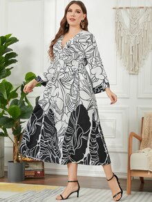 大碼植物印花交叉領喇叭袖繫腰帶連衣裙 - 黑與白 - 查看 4