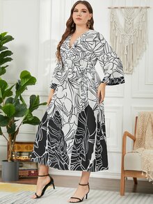大碼植物印花交叉領喇叭袖繫腰帶連衣裙 - 黑與白 - 查看 6