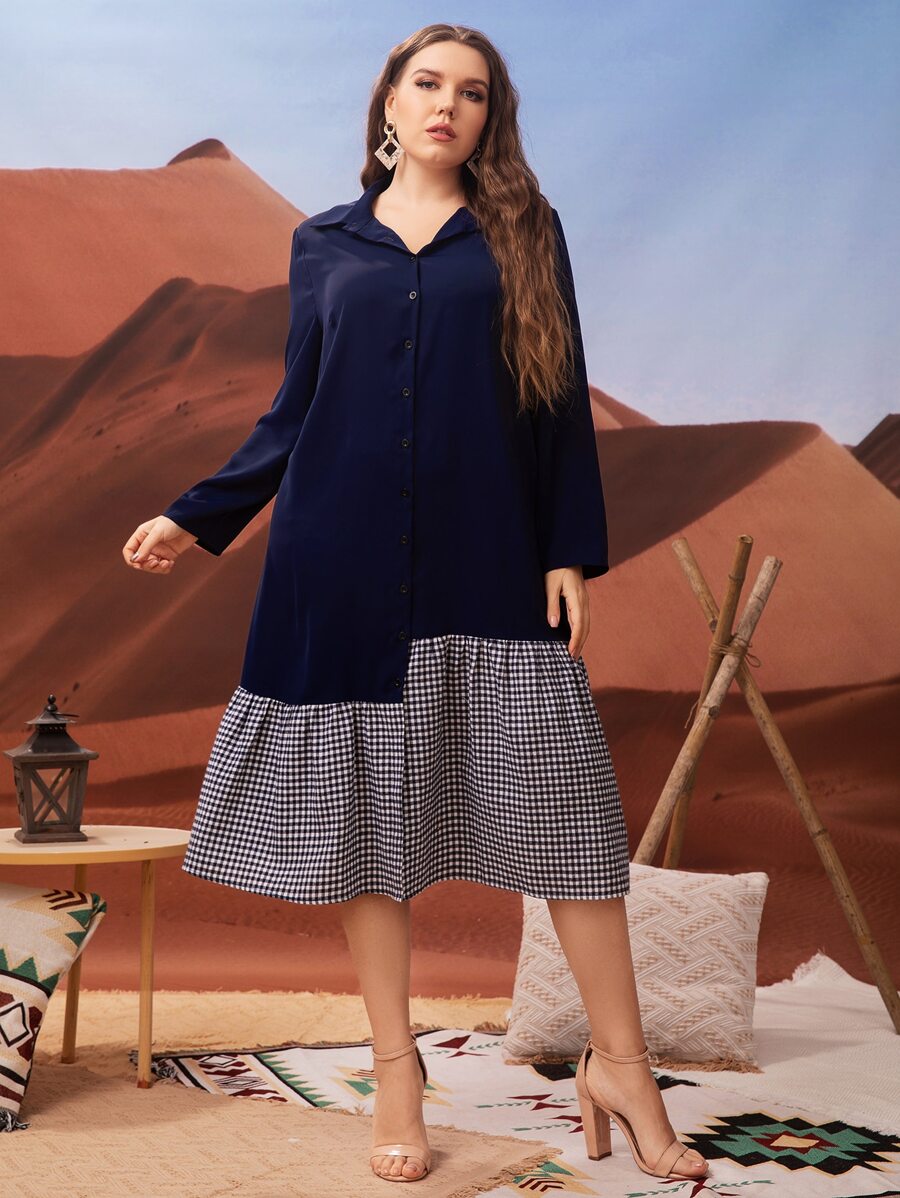 大碼雙色格子前紐扣娃娃裙不附腰帶 - 藏蓝色 - 查看 1