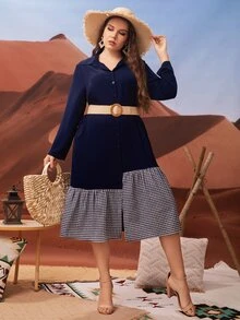 大碼雙色格子前紐扣娃娃裙不附腰帶 - 藏蓝色 - 查看 3