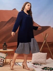 大碼雙色格子前紐扣娃娃裙不附腰帶 - 藏蓝色 - 查看 4