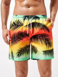 Manfinity 男士漸層熱帶圖案腰部抽繩泳褲 - 彩色 - 查看 1