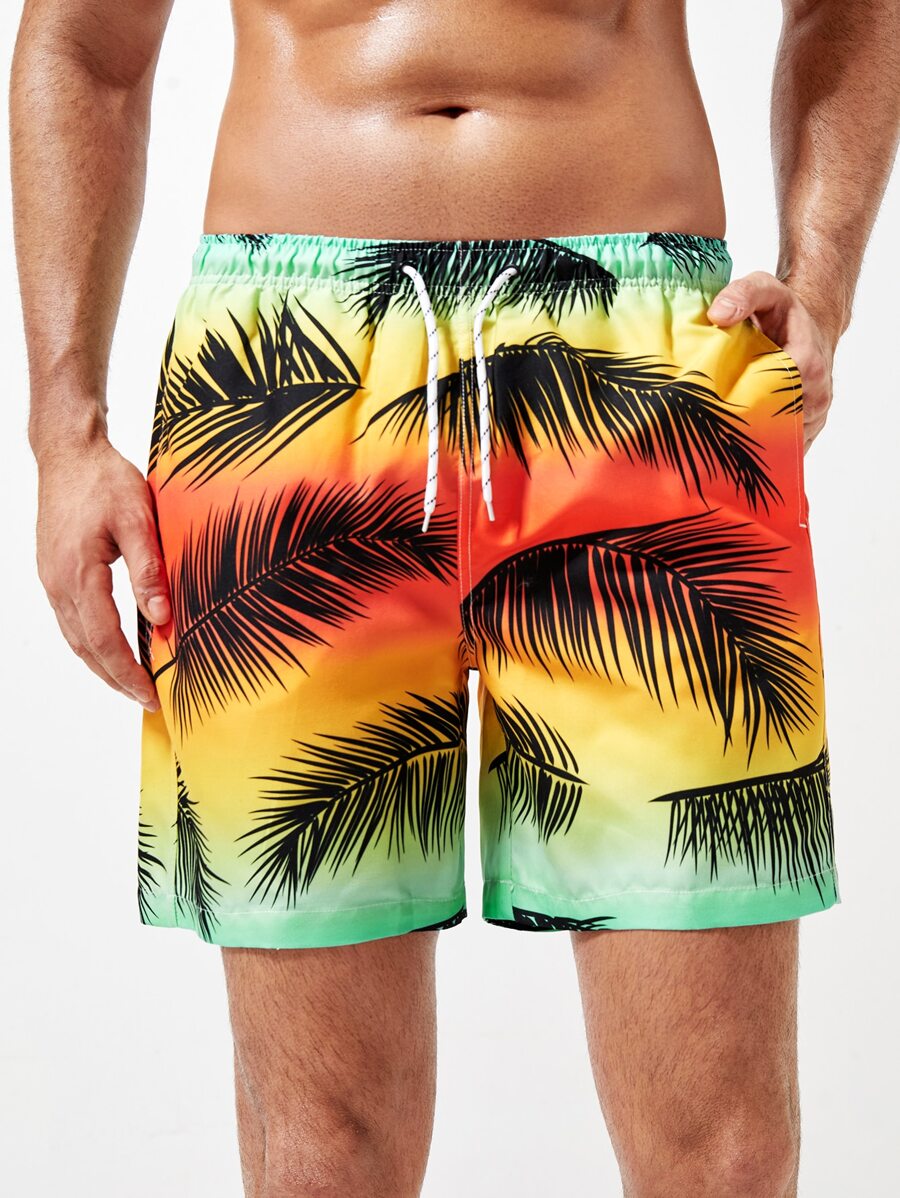 Manfinity 男士漸層熱帶圖案腰部抽繩泳褲 - 彩色 - 查看 1