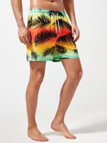 Manfinity 男士漸層熱帶圖案腰部抽繩泳褲 - 彩色 - 查看 3
