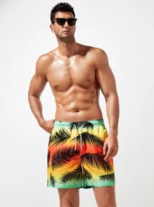 Manfinity 男士漸層熱帶圖案腰部抽繩泳褲 - 彩色 - 查看 4