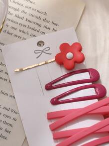 7pcs Floral Decor Hair Clip - Red - View 2