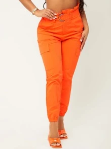 SHEIN Neon Orange Paper Bag Waist Cargo Trousers - Orange - View 1