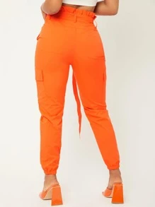 SHEIN Neon Orange Paper Bag Waist Cargo Trousers - Orange - View 2