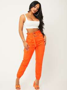 SHEIN Neon Orange Paper Bag Waist Cargo Trousers - Orange - View 3