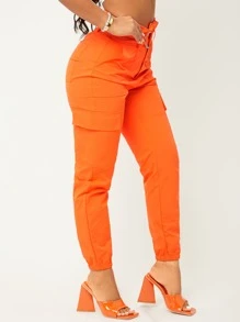 SHEIN Neon Orange Paper Bag Waist Cargo Trousers - Orange - View 5