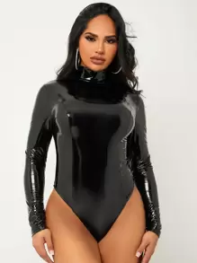 SHEIN Mock Neck PU Leather Bodysuit - Black - View 1
