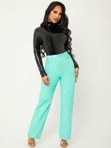 SHEIN Mock Neck PU Leather Bodysuit - Black - View 3