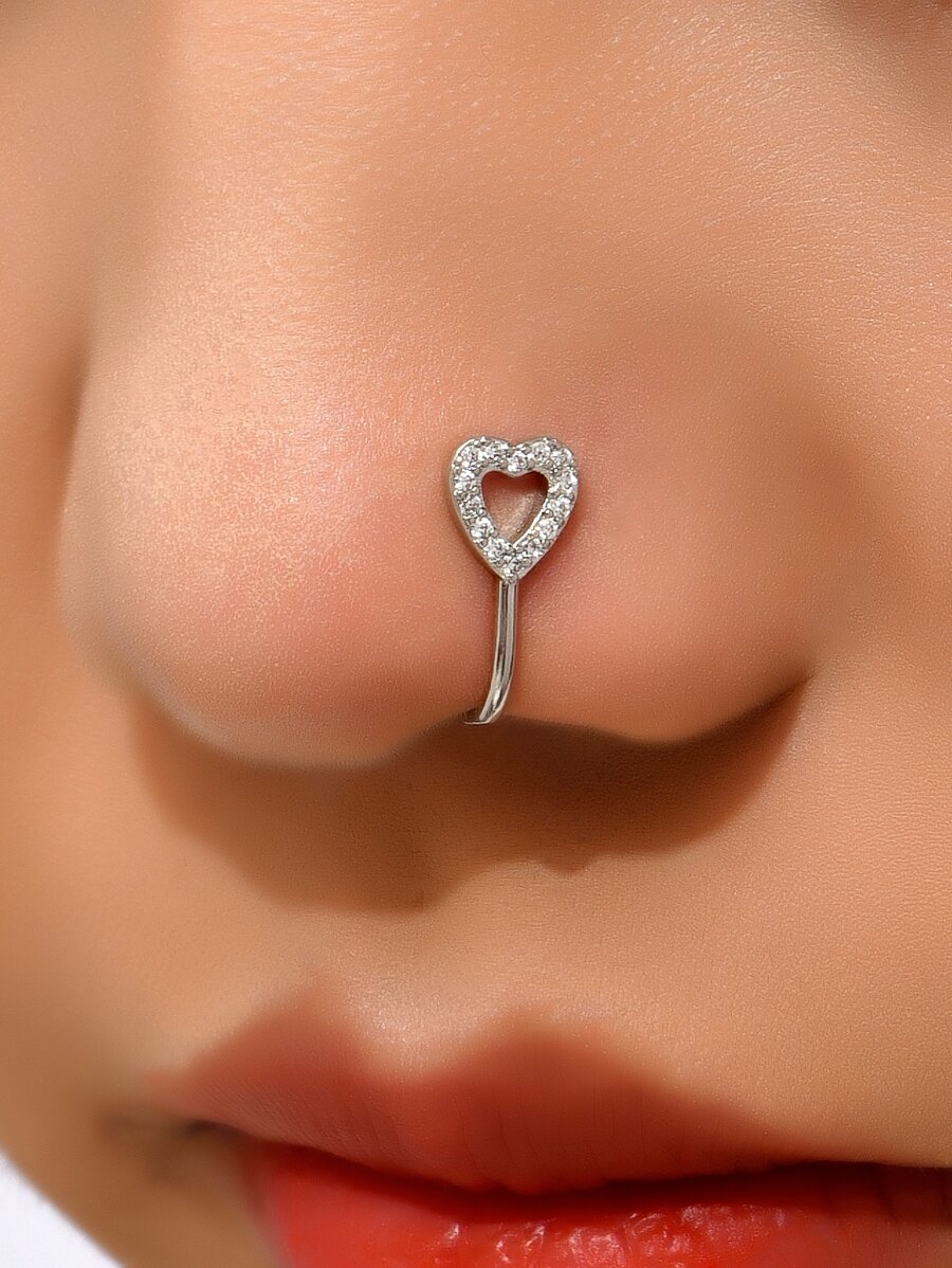 銅愛心裝飾鼻環適合女士和男士,龐克非穿孔,A時尚身體鏈禮品適用於任何場合 - 銀色 - 查看 1