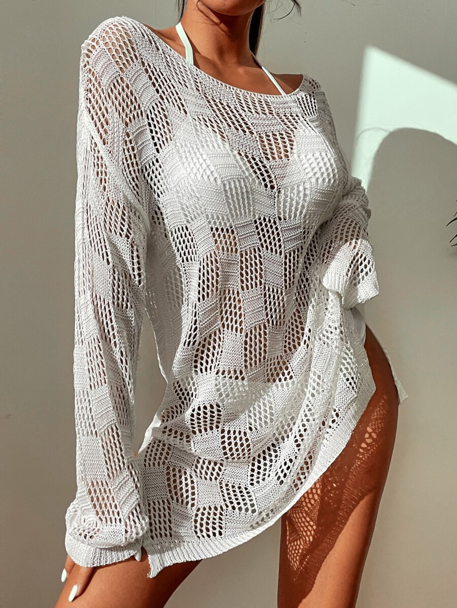 SHEIN Swim Summer Beach Knitted Slit Thigh Cover Up - White - View 1