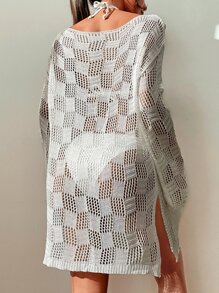 SHEIN Swim Summer Beach Knitted Slit Thigh Cover Up - White - View 2