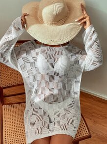 SHEIN Swim Summer Beach Knitted Slit Thigh Cover Up - White - View 3