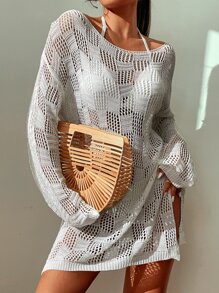 SHEIN Swim Summer Beach Knitted Slit Thigh Cover Up - White - View 5