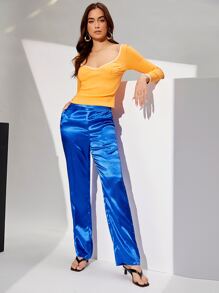SHEIN Slant Pocket Satin Trousers - Royal Blue - View 1