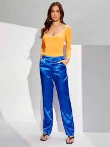 SHEIN Slant Pocket Satin Trousers - Royal Blue - View 3