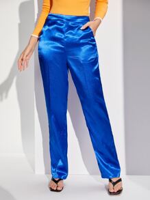 SHEIN Slant Pocket Satin Trousers - Royal Blue - View 4