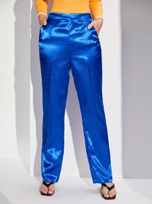 SHEIN Slant Pocket Satin Trousers - Royal Blue - View 5