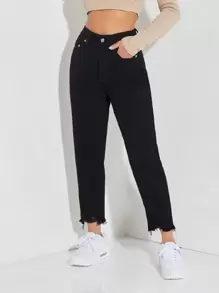 SHEIN PETITE Raw Hem High Waist Jeans - Black - View 1