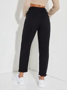 SHEIN PETITE Raw Hem High Waist Jeans - Black - View 2