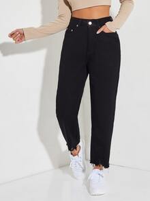SHEIN PETITE Raw Hem High Waist Jeans - Black - View 3